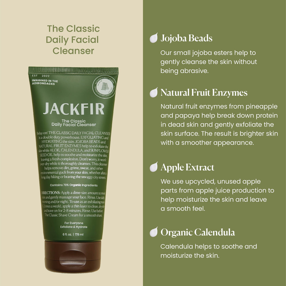 Jackfir Classic Daily Facial Cleanser green tube with brown cap shown alongside ingredient infographic