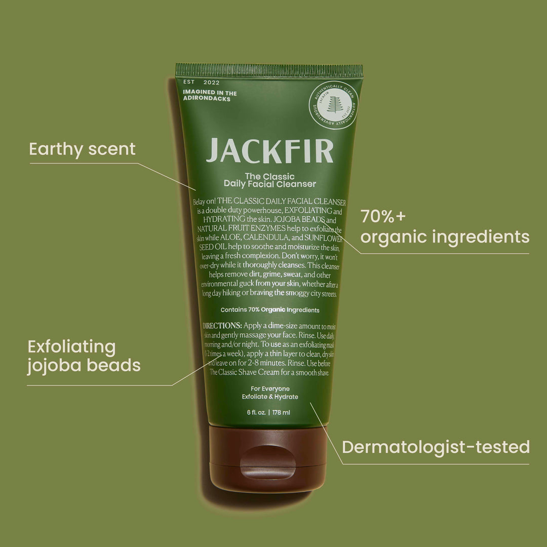 Jackfir Classic Daily Facial Cleanser tube showing earthy scent, exfoliating jojoba beads, and 70% organic ingredients
