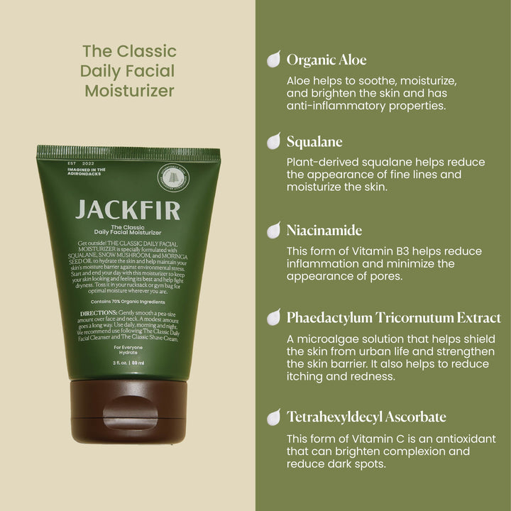Jackfir Classic Daily Facial Moisturizer infographic showing green tube with key ingredients list on olive panel