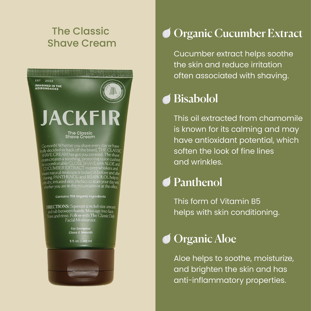 Jackfir Classic Shave Cream infographic showing tube and four key ingredients with descriptions