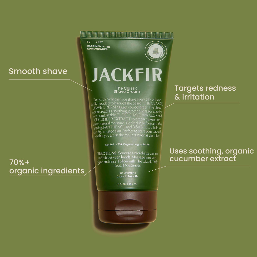 Jackfir Classic Shave Cream green tube with callouts highlighting cucumber extract, smooth shave, and organic ingredients