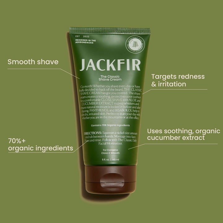 Jackfir Classic Shave Cream green tube with callouts highlighting cucumber extract, smooth shave, and organic ingredients