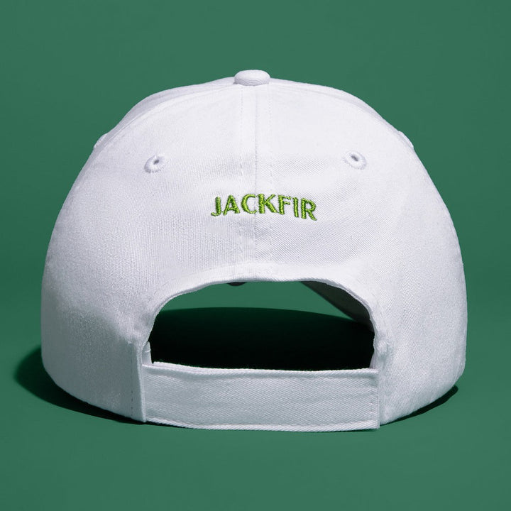 Back view of white Jackfir Clean Cowboy® Hat showing green embroidered logo and velcro strap closure