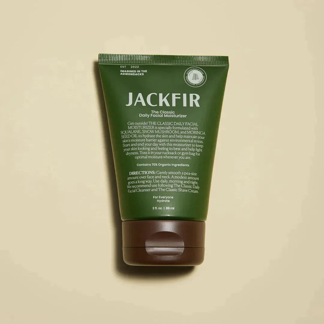 Jackfir Cleanser + Moisturizer + Eye Cream Set green tube standing upright showing product details and brown cap