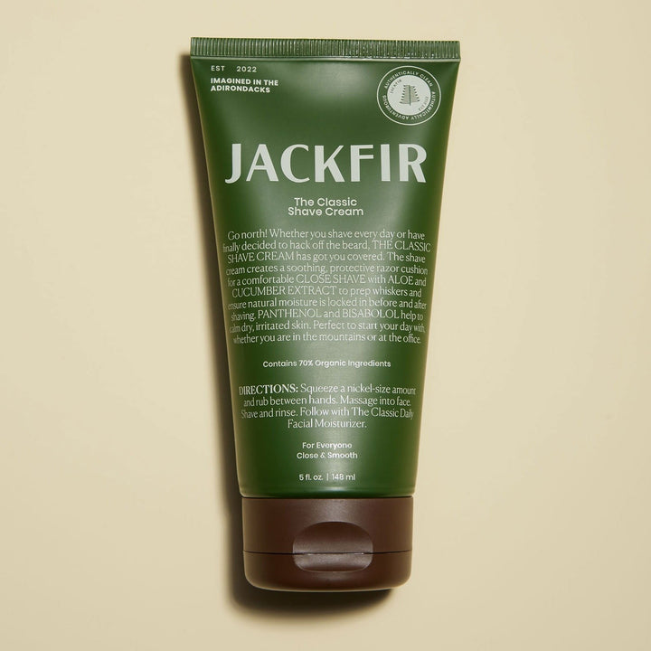 Jackfir Cleanser + Shave Cream Duo green tube standing upright showing front label with brown cap