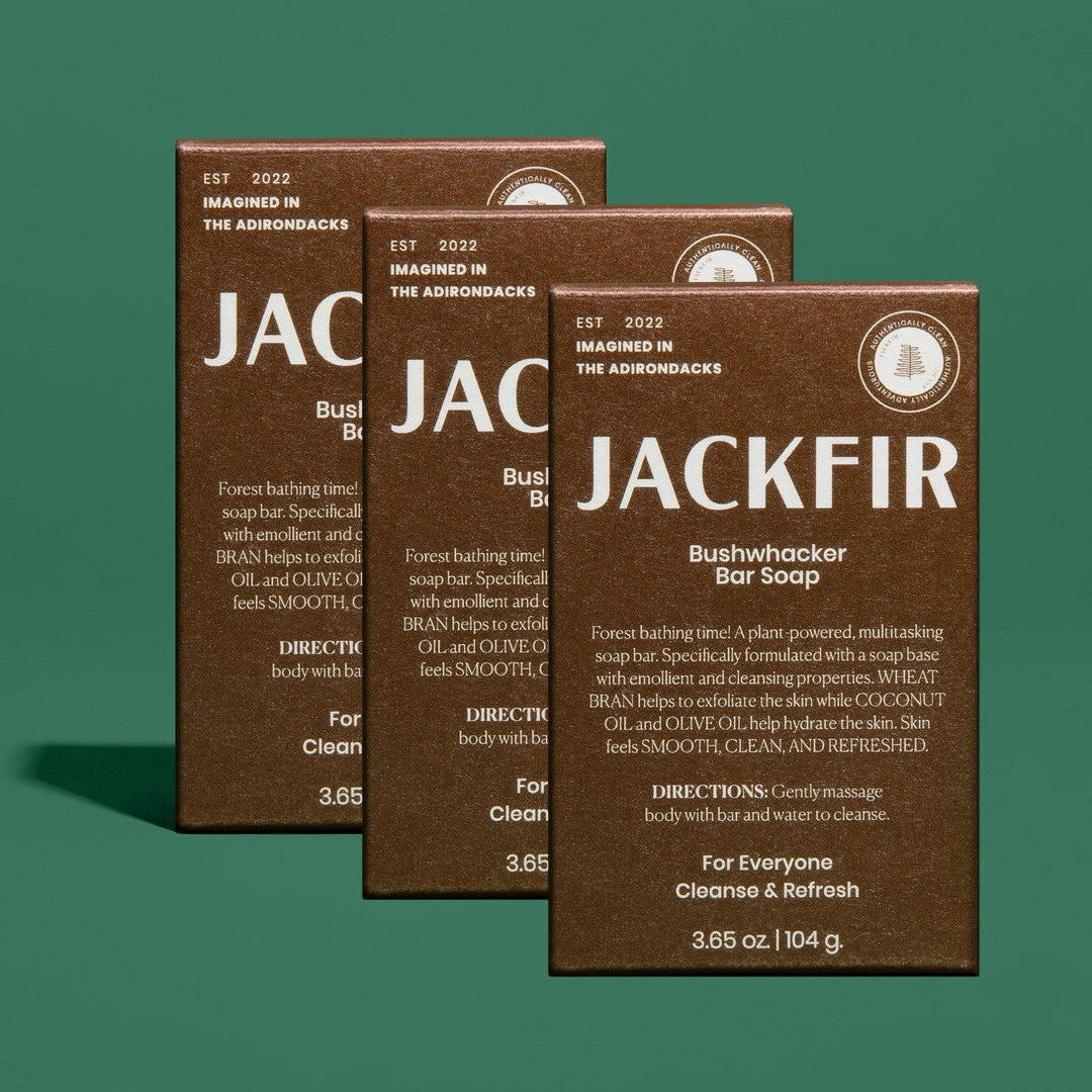 Jackfir The Bushwhacker Bar Soap 3-Pack brown boxes staggered showing front panels with product details