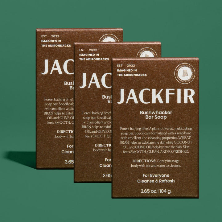 Jackfir The Bushwhacker Bar Soap 3-Pack brown boxes staggered showing front panels with product details