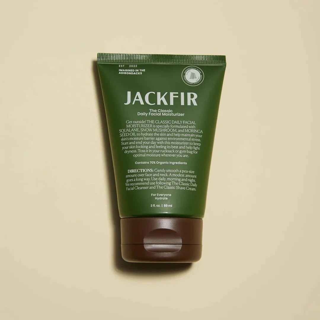 Jackfir The Classic Daily Facial Moisturizer green tube standing upright showing front label and brown cap