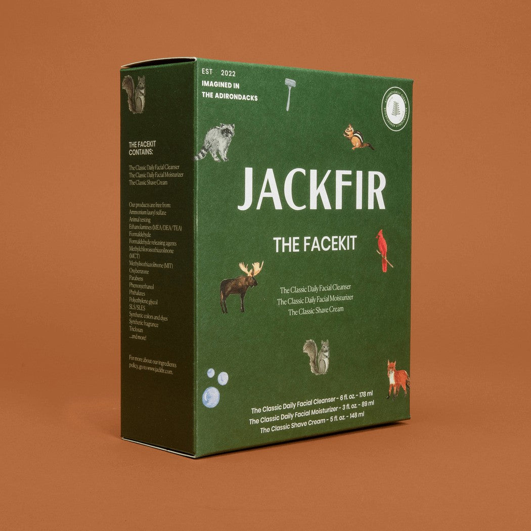 Jackfir The Facekit green box angled view showing woodland animal illustrations on packaging
