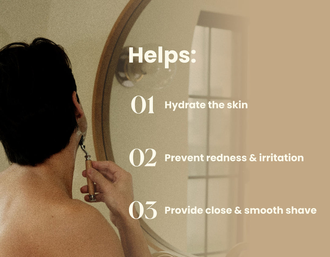 Person shaving with a razor in front of a mirror, with text about skincare benefits.
