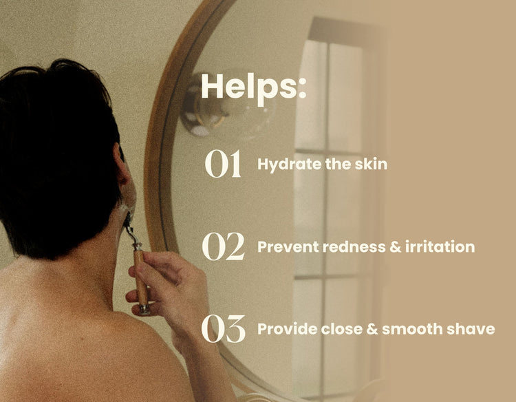 Person shaving with a razor in front of a mirror, with text about skincare benefits.